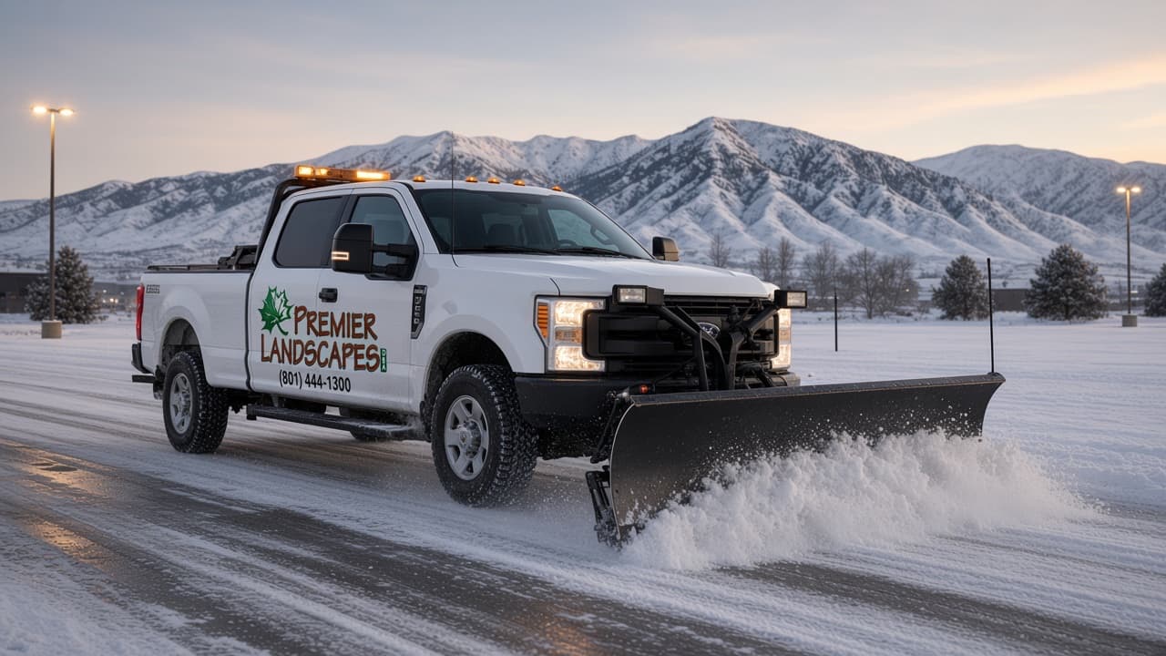 Premier Landscapes truck with a snow plow clearing a Northern Utah commercial lot