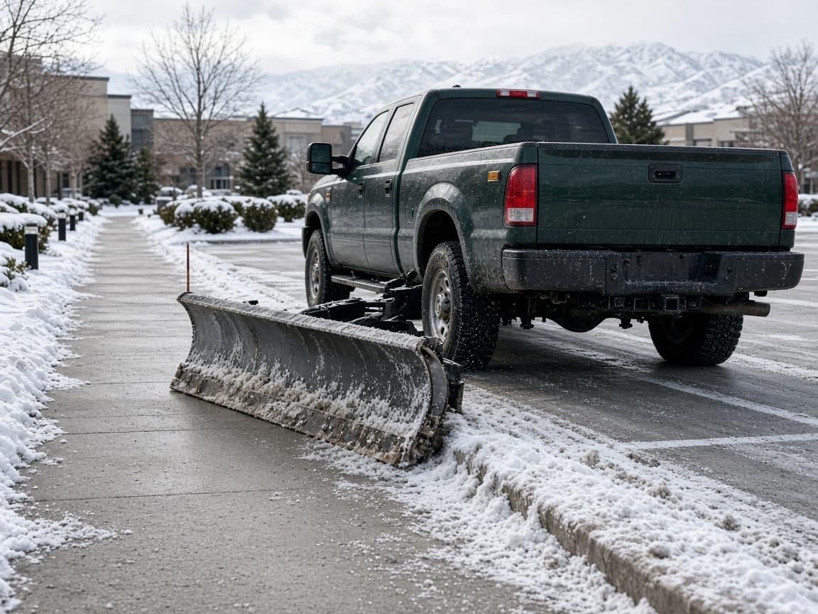 Snow plow finishing a cleared lane on a commercial lot